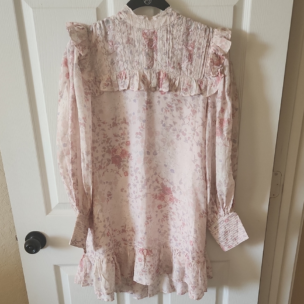 LoveShackFancy Vintage and Feminine Floral Mini Dress - Soft Pink & Cream, Sz 0
